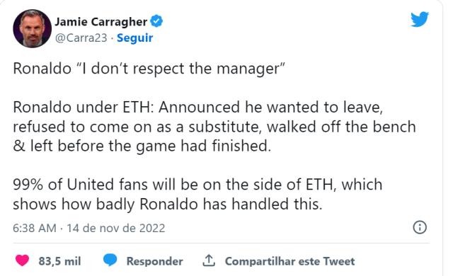 卡拉格评C罗炮轰：99%曼联球迷会站在滕哈赫一边